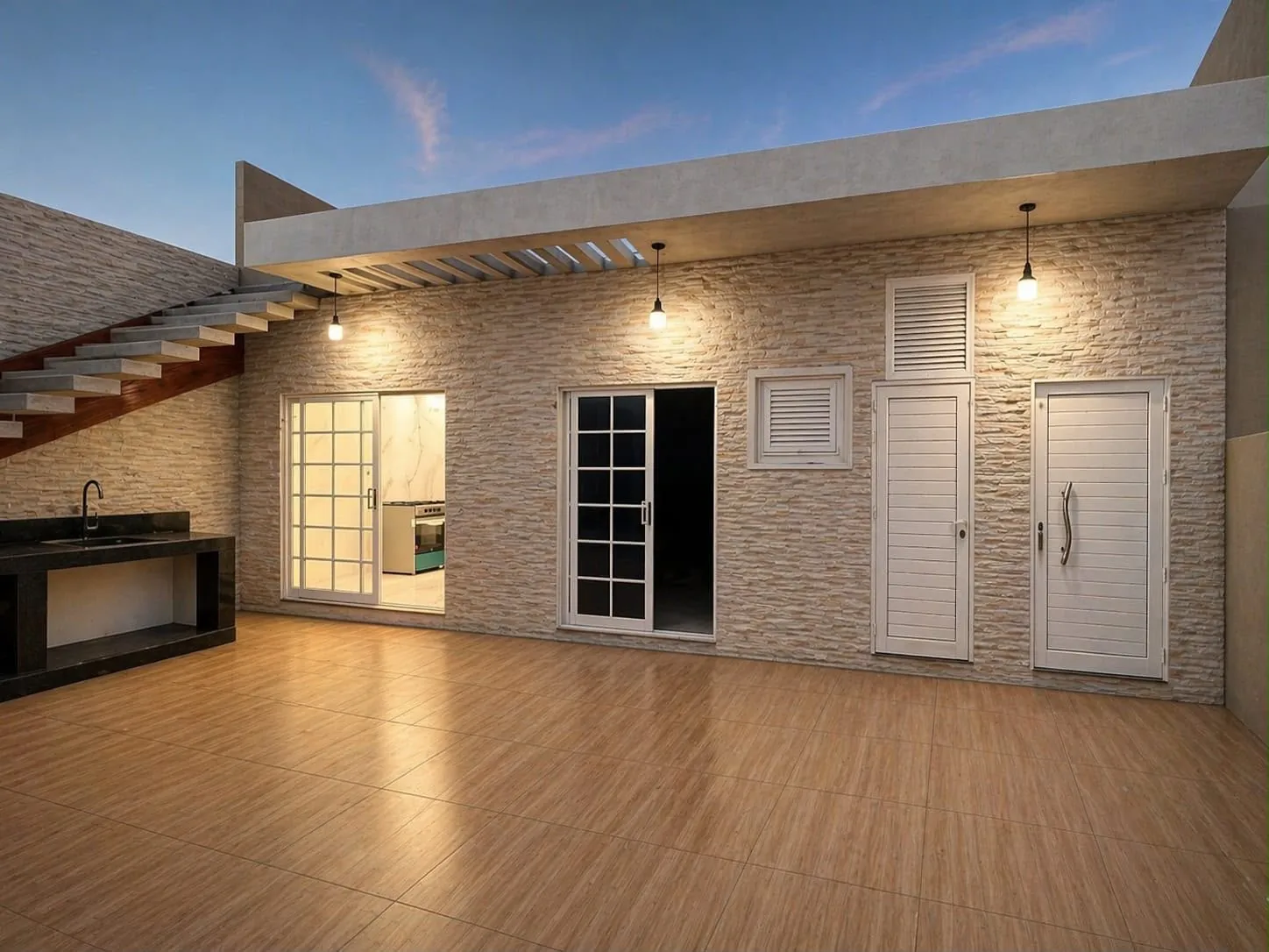 Área exterior de lazer com revestimento e iluminação